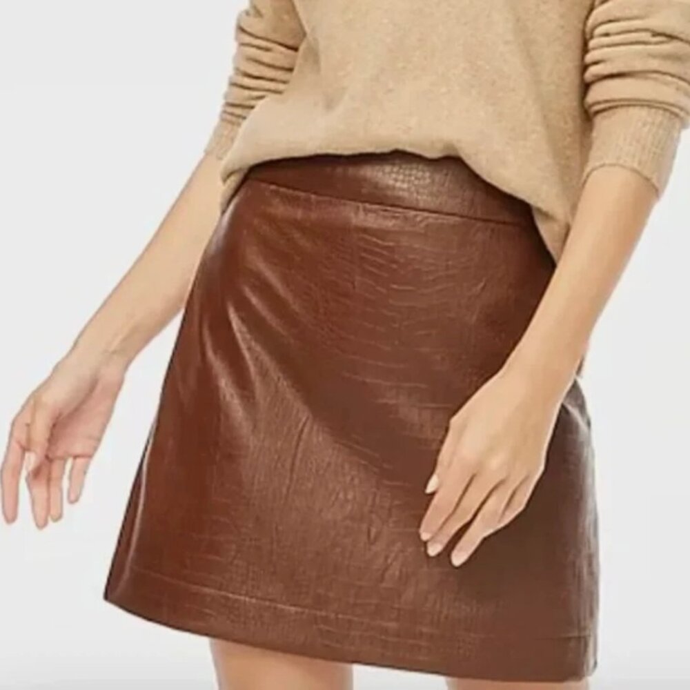 NWT J. Crew Women's Brown Faux Leather Croc Mini Skirt, Size 0